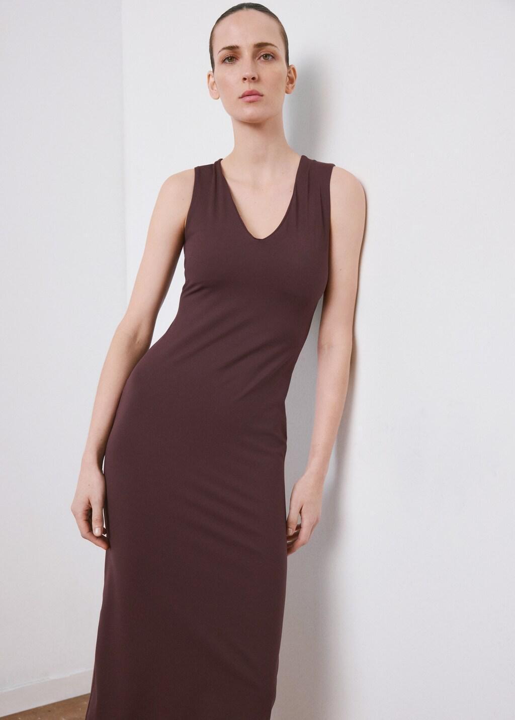 Red Fitted V-Neck Dress, Dark Red, large image number 3