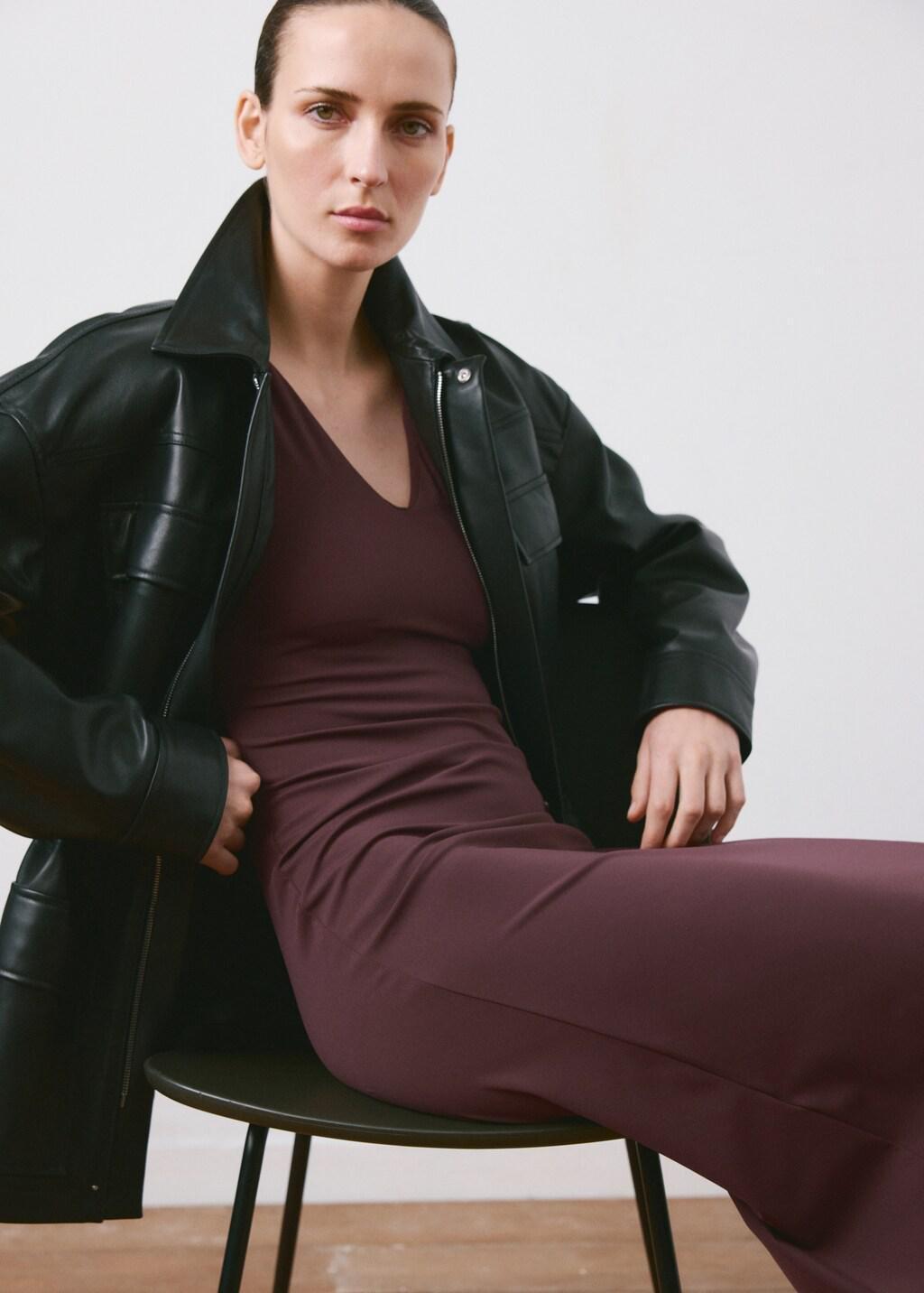 Red Fitted V-Neck Dress, Dark Red, large image number 4