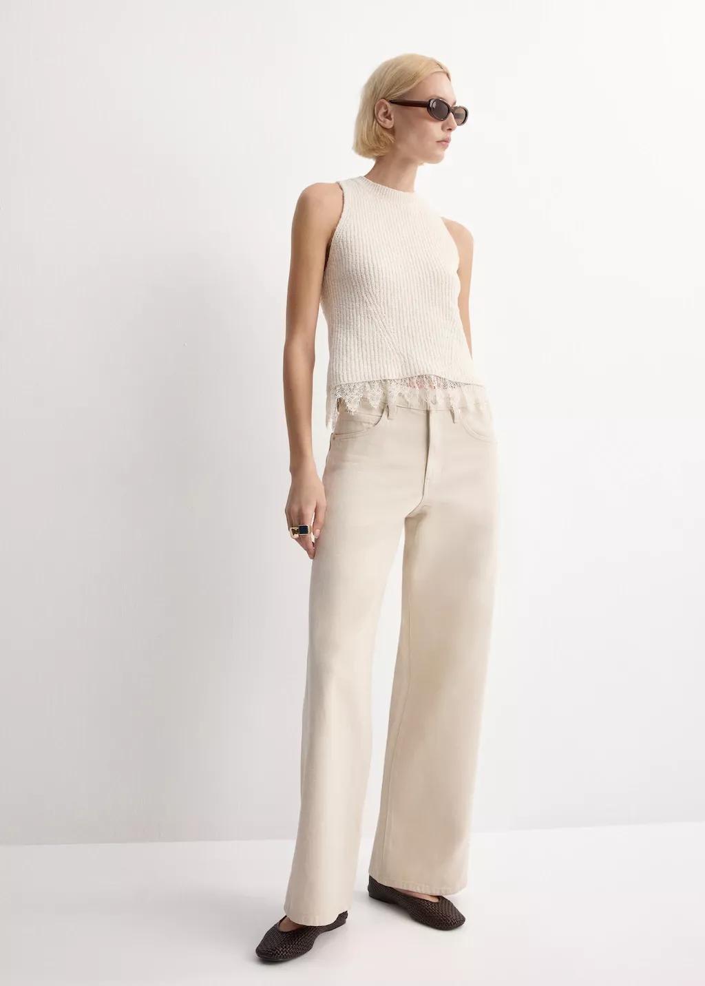 Beige Lace-Trimmed Knit Top, Light Beige, medium