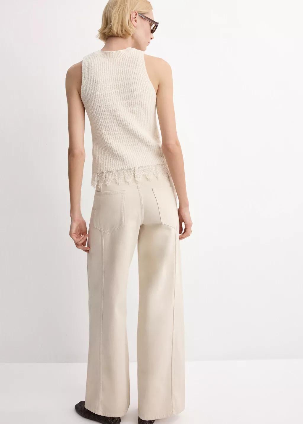 Beige Lace-Trimmed Knit Top, Light Beige, large image number 2