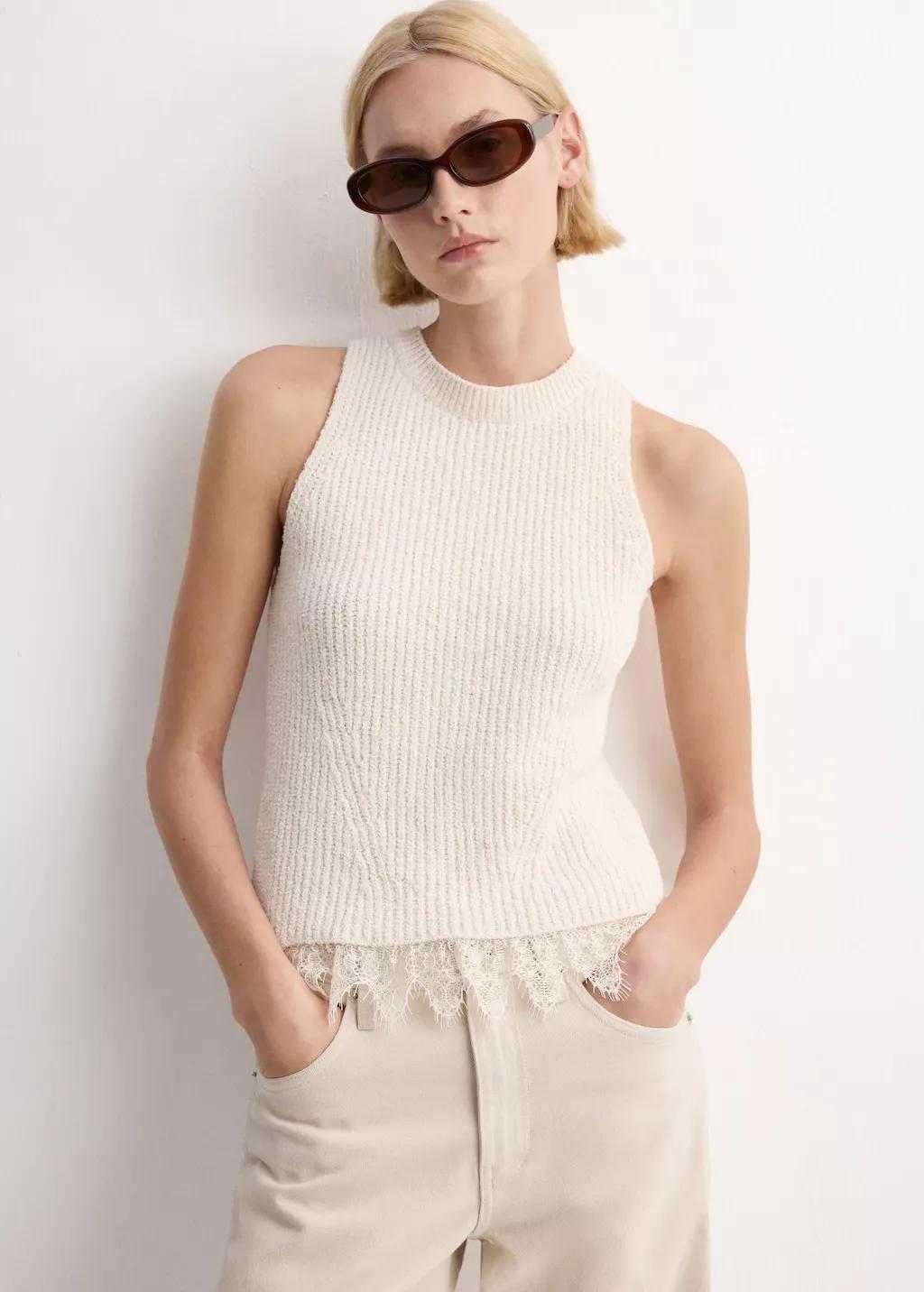 Beige Lace-Trimmed Knit Top, Light Beige, large image number 3