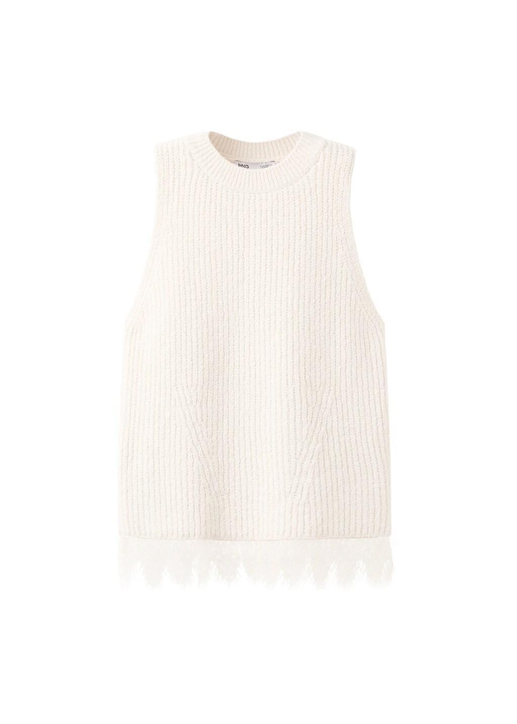 Beige Lace-Trimmed Knit Top, Light Beige, large image number 6