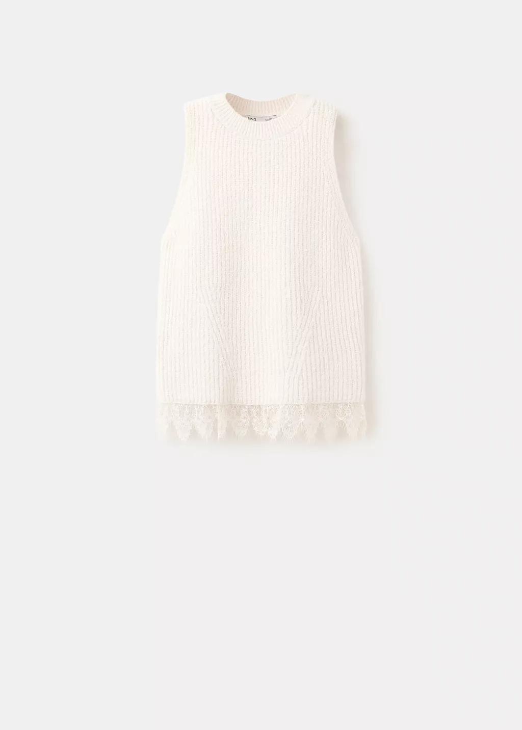 Beige Lace-Trimmed Knit Top, Light Beige, large image number 7