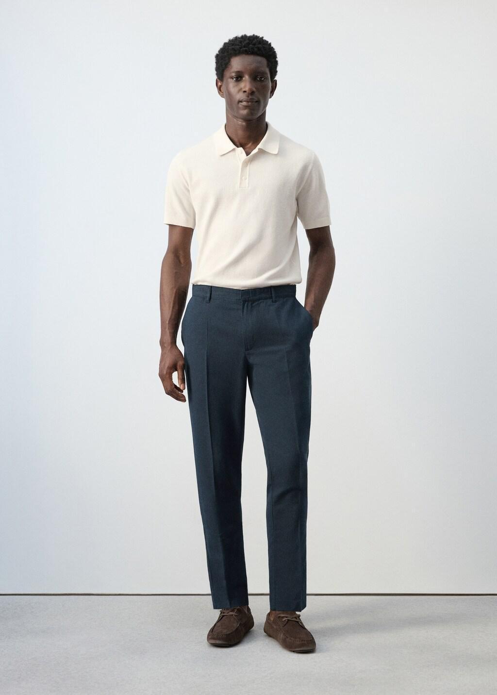 Navy Slim-Fit Cotton Linen Trousers, Navy, large image number 0