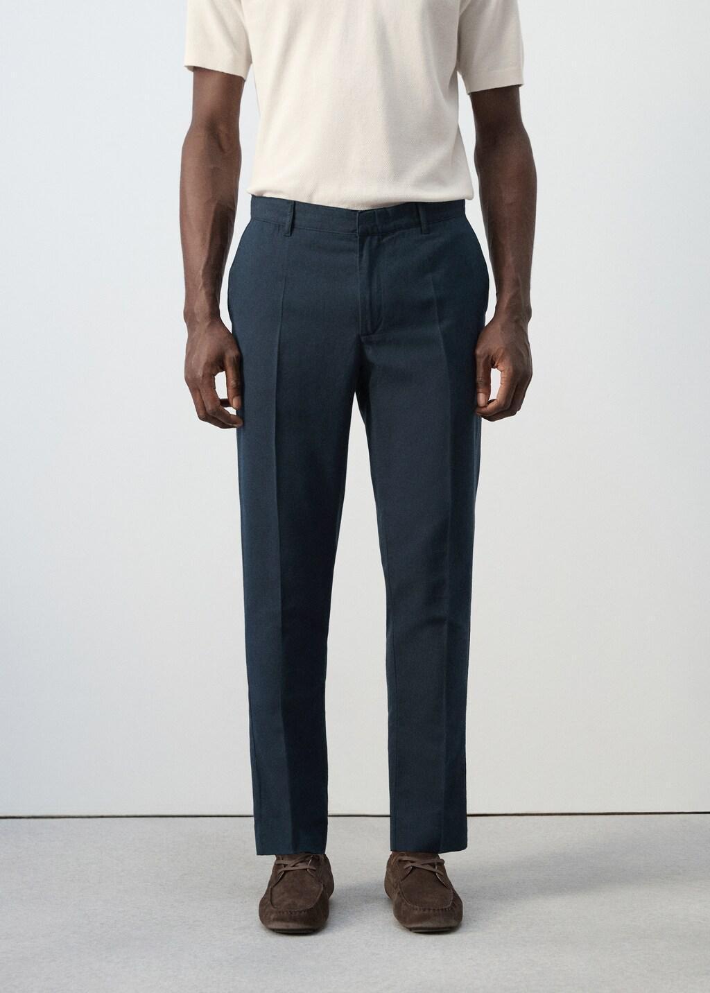 Navy Slim-Fit Cotton Linen Trousers, Navy, large image number 3