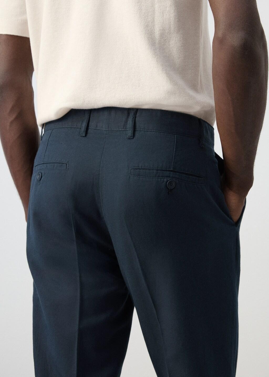 Navy Slim-Fit Cotton Linen Trousers, Navy, large image number 6