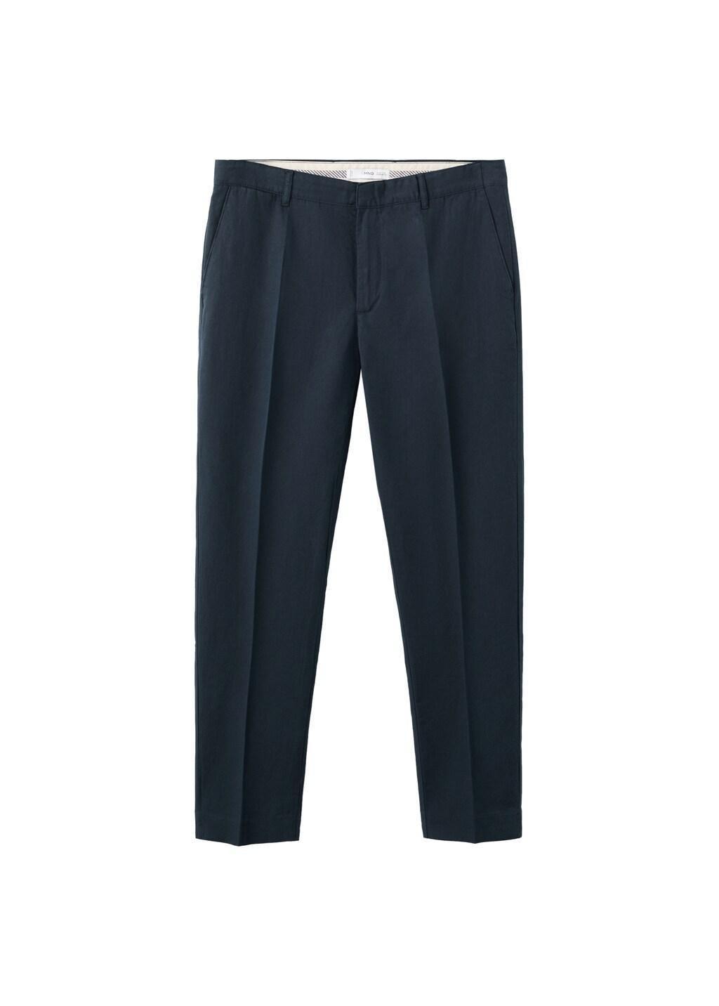 Navy Slim-Fit Cotton Linen Trousers, Navy, large image number 7
