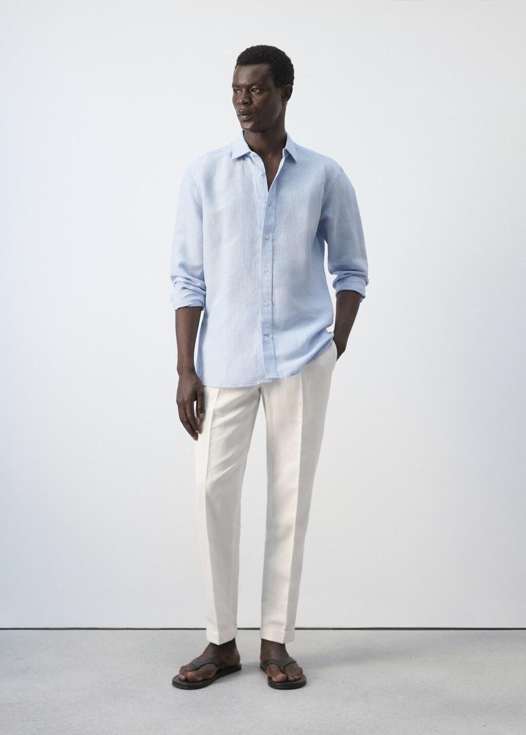 Blue Regular-Fit Striped Cotton-Linen Shirt, Light-Pastel Blue, large image number 0