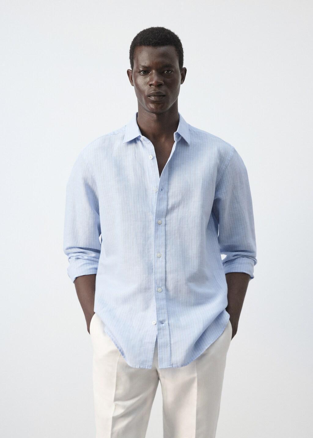 Blue Regular-Fit Striped Cotton-Linen Shirt, Light-Pastel Blue, large image number 3
