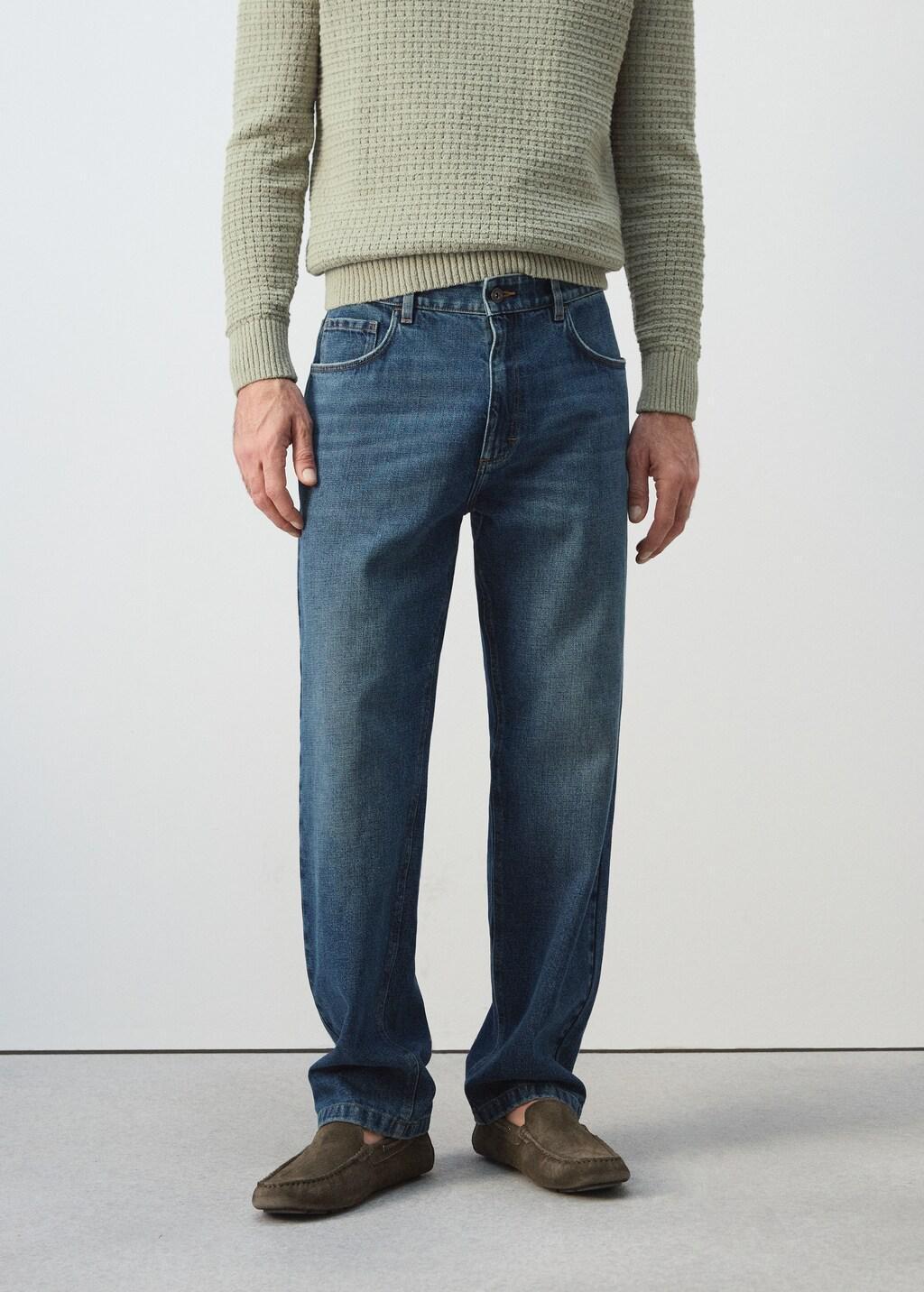 Blue Straight Fit Cotton-Linen Jeans, 0201_DO, large image number 3