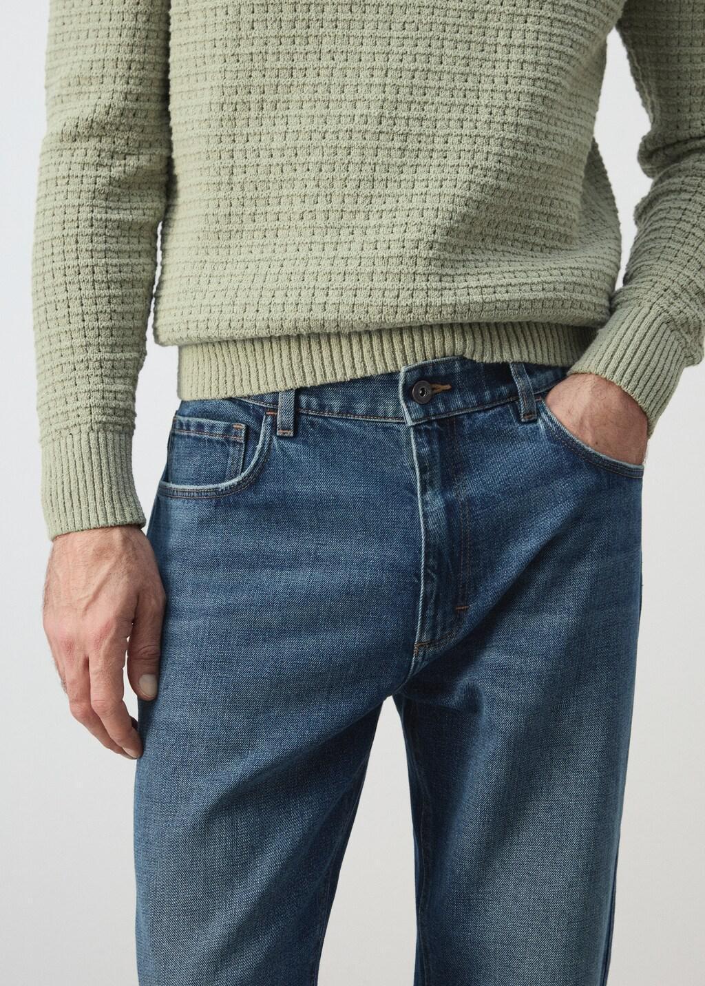 Blue Straight Fit Cotton-Linen Jeans, 0201_DO, large image number 4