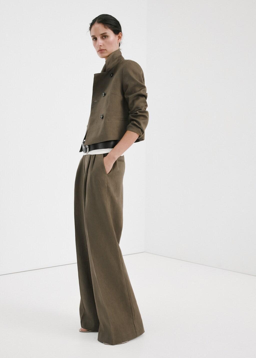 Khaki Straight Linen-Blend Trousers, Beige - Khaki, medium