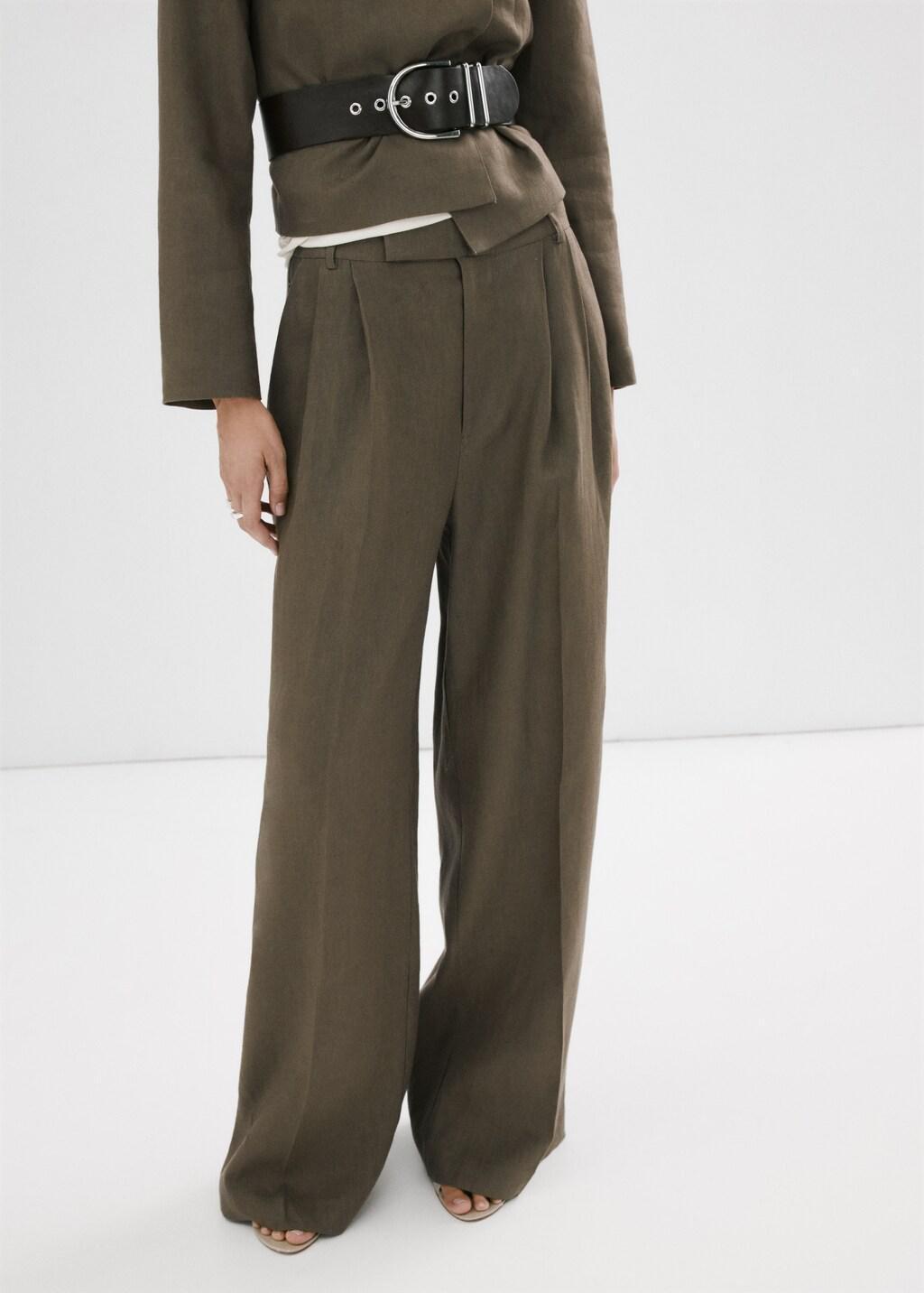 Khaki Straight Linen-Blend Trousers, Beige - Khaki, large image number 3
