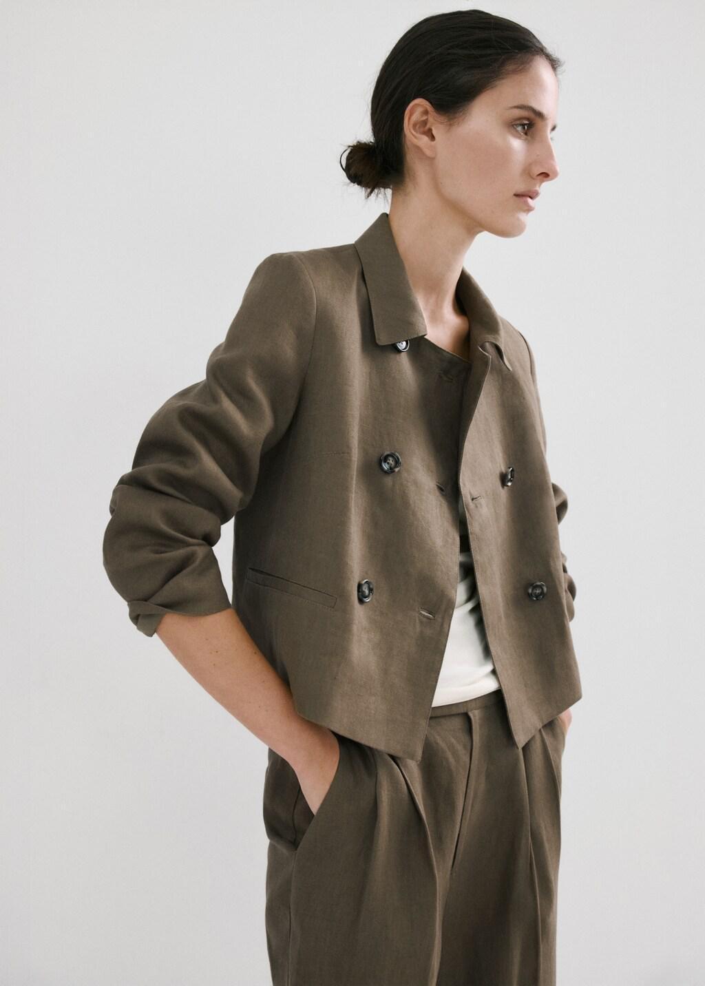 Khaki Straight Linen-Blend Trousers, Beige - Khaki, large image number 4