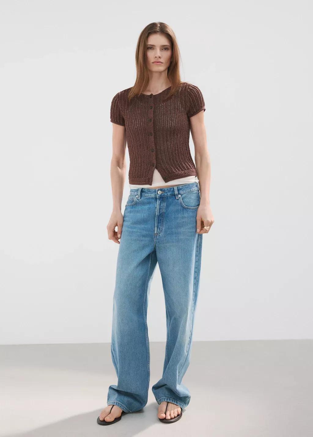 Brown Short-Sleeved Crochet Cardigan, Dark Brown, medium