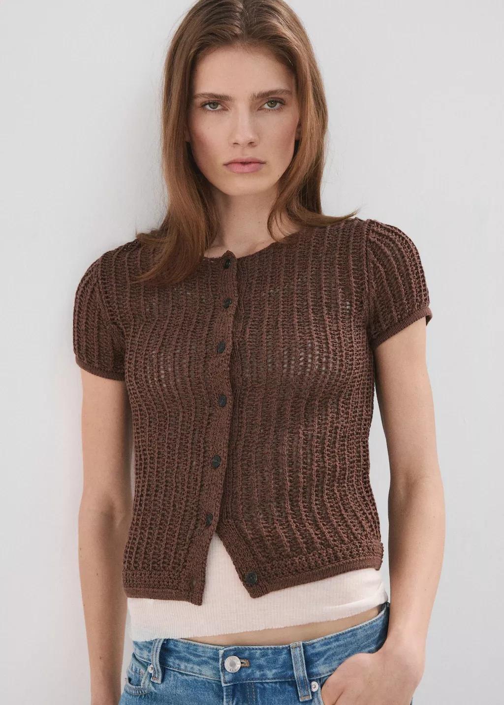 Brown Short-Sleeved Crochet Cardigan, Dark Brown, large image number 3