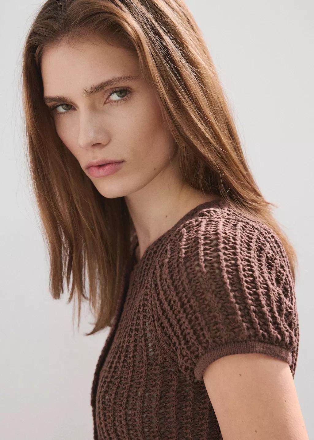 Brown Short-Sleeved Crochet Cardigan, Dark Brown, large image number 4