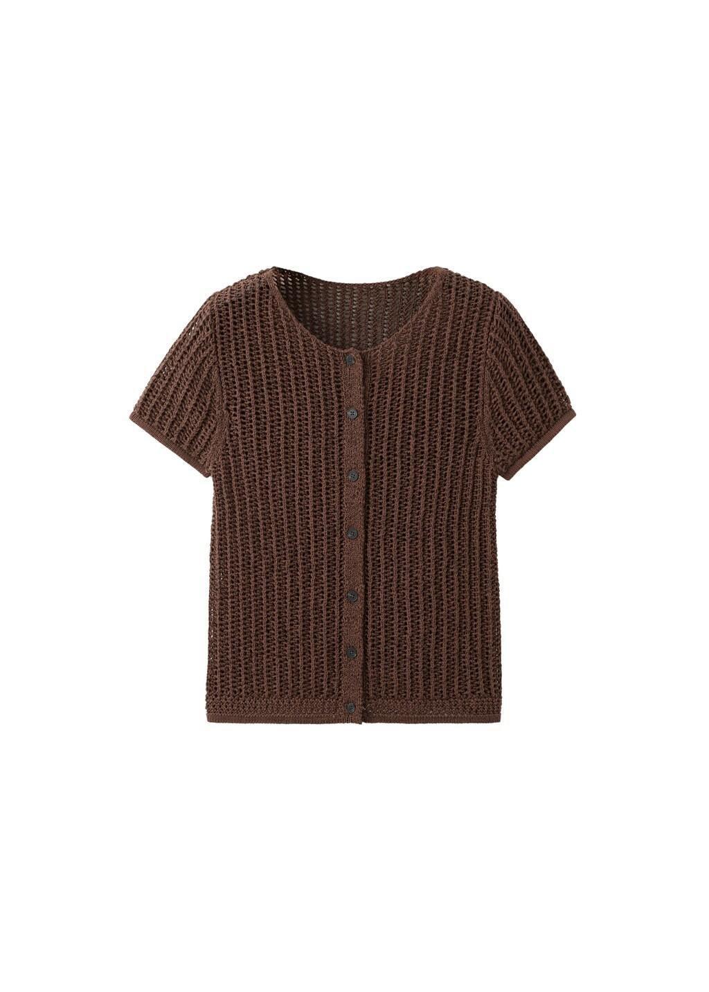Brown Short-Sleeved Crochet Cardigan, Dark Brown, large image number 6