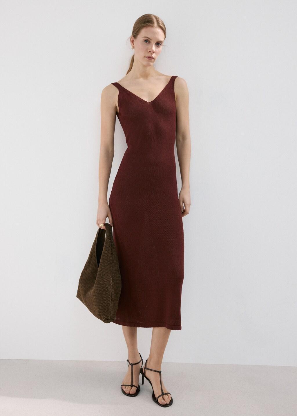 Orange V-Neck Knitted Dress, 0201_28, large image number 0