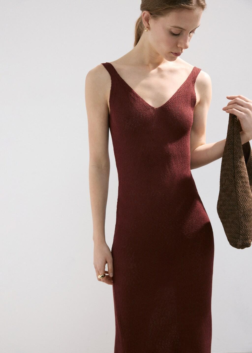 Orange V-Neck Knitted Dress, 0201_28, large image number 3