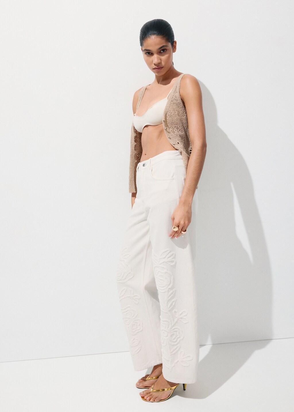 White Wide Leg Jeans With Floral Embroidery, Natural White, large image number 0