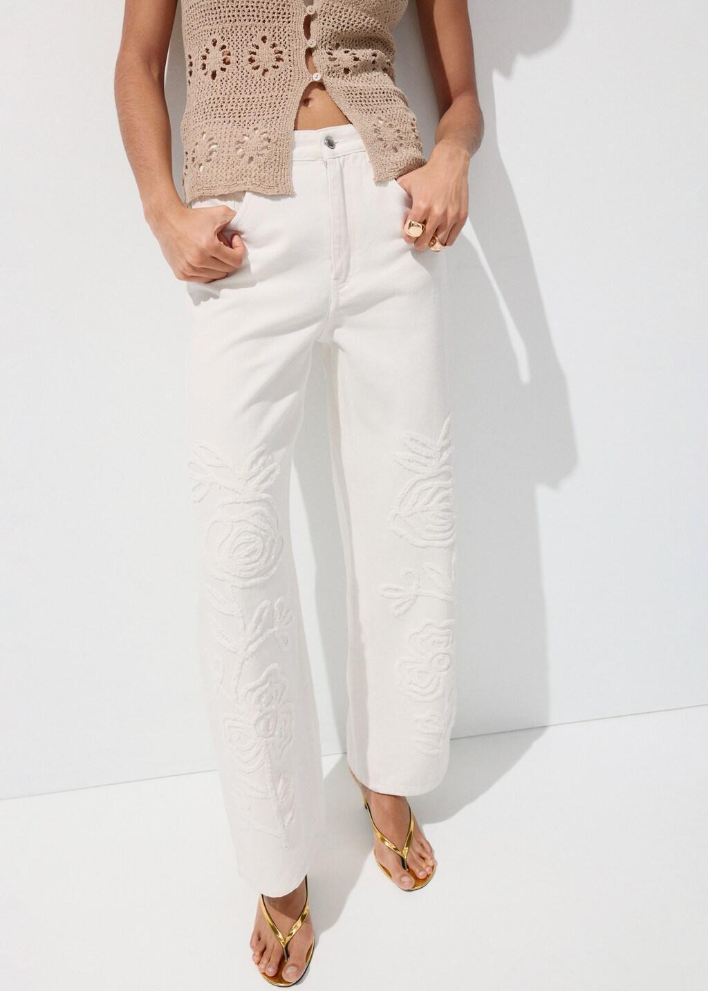 White Wide Leg Jeans With Floral Embroidery, Natural White, large image number 3