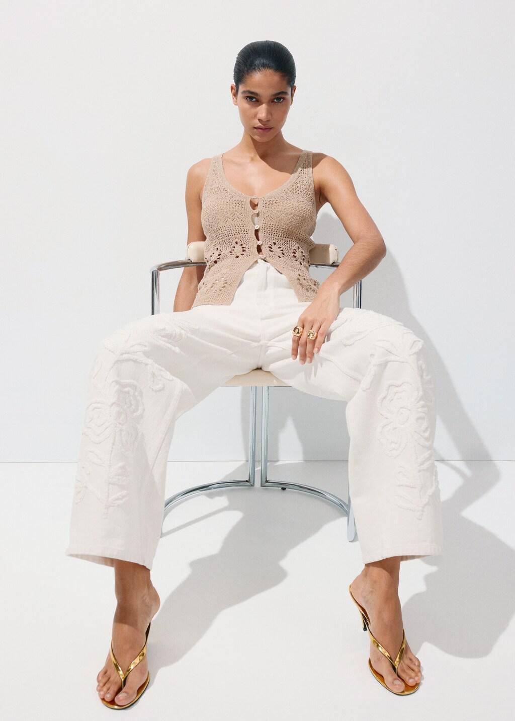 White Wide Leg Jeans With Floral Embroidery, Natural White, large image number 4