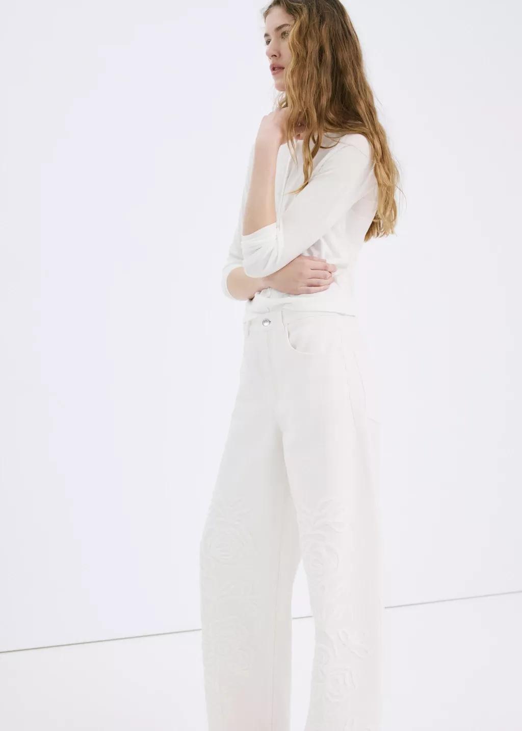 White Wide Leg Jeans With Floral Embroidery, Natural White, large image number 6