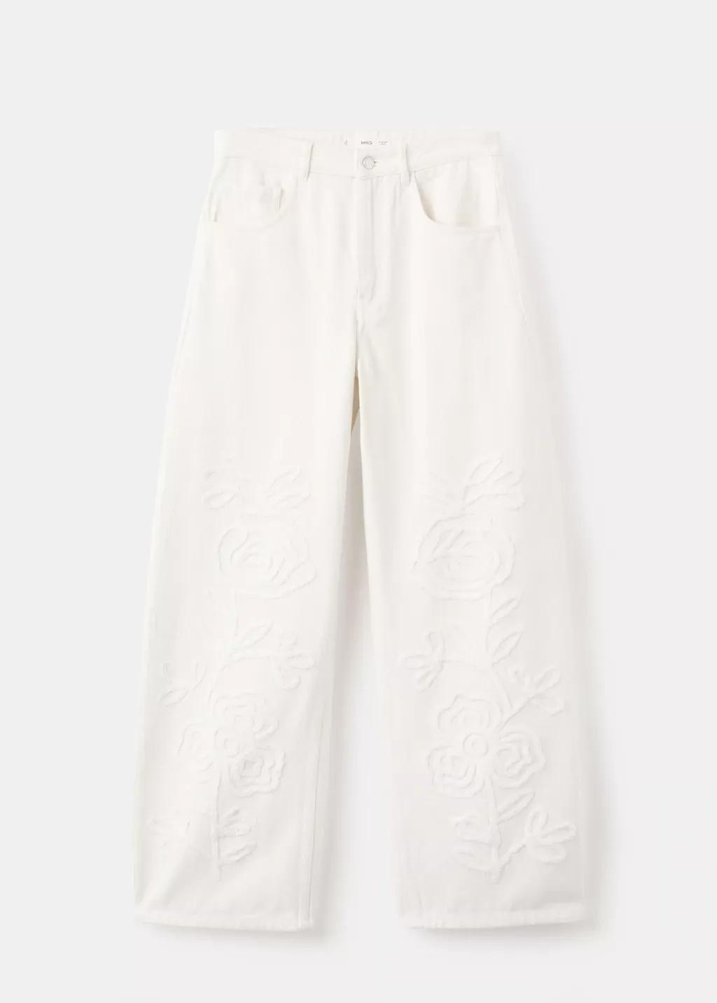 White Wide Leg Jeans With Floral Embroidery, Natural White, large image number 8