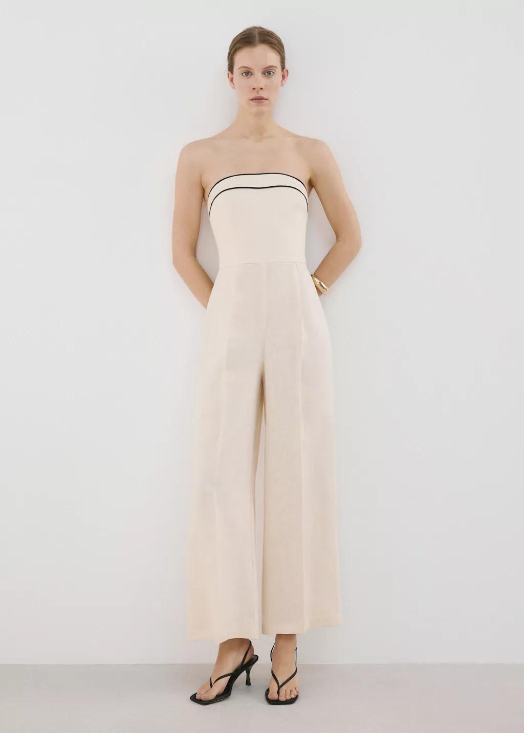 Beige Linen Bandeau Jumpsuit, 0201_05, large image number 0