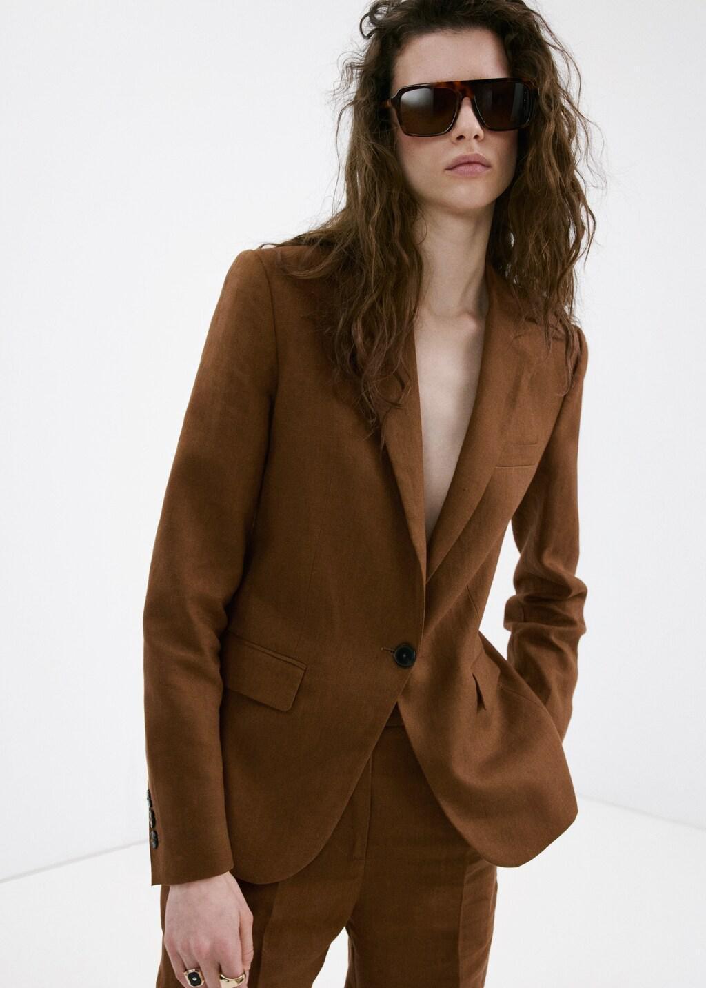 Brown Linen Suit Jacket, Brown, large image number 3