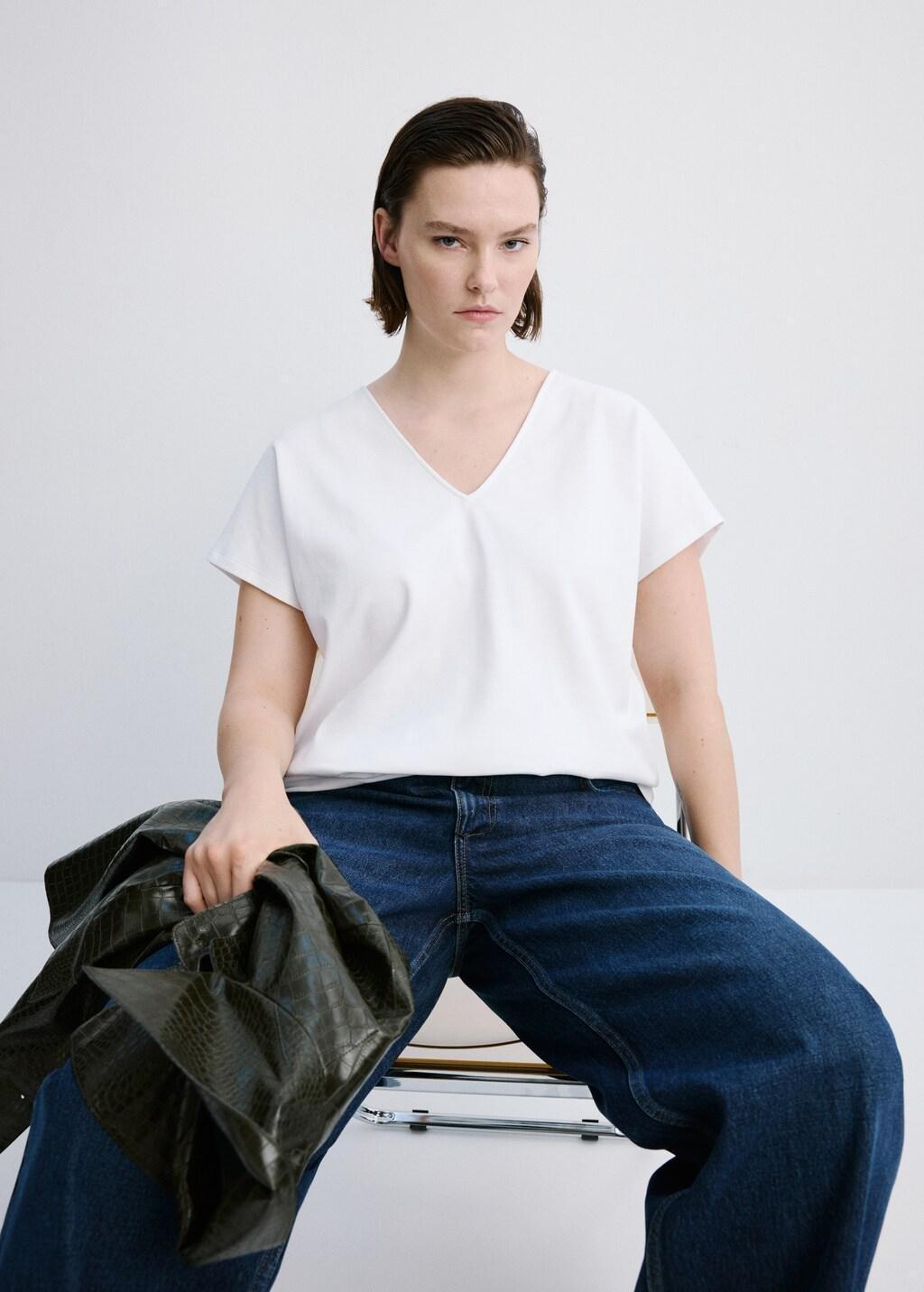 White V-Neck Cotton T-Shirt, White, large image number 6