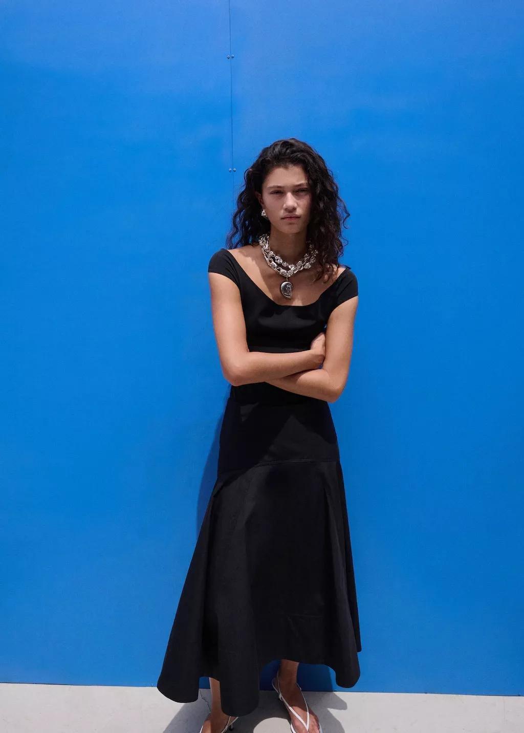 BLACK A-line skirt with seams, Black, medium