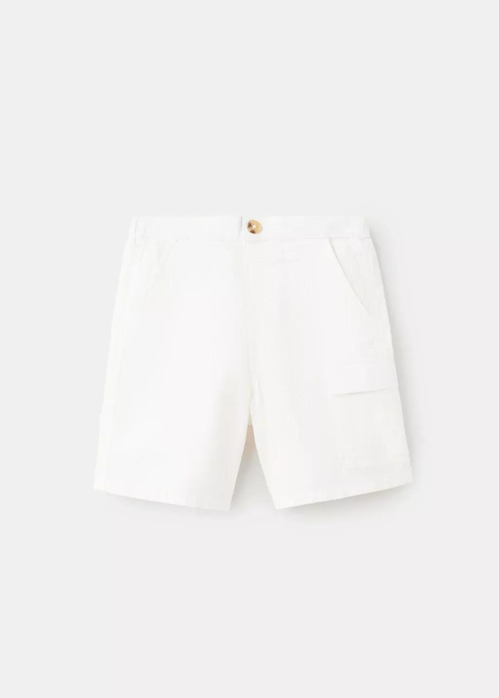 White Linen And Cotton Blend Cargo Bermudas, Kids Boy, Natural White, large image number 5