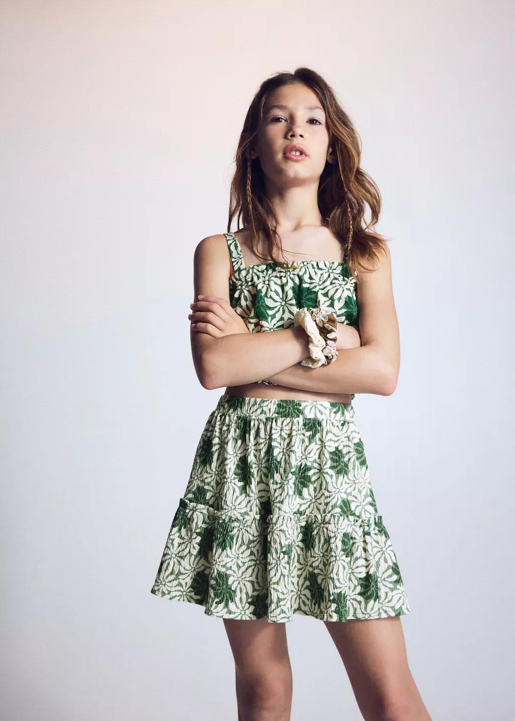 Green Floral Print Skirt, Kids Girl, Green, large image number 2