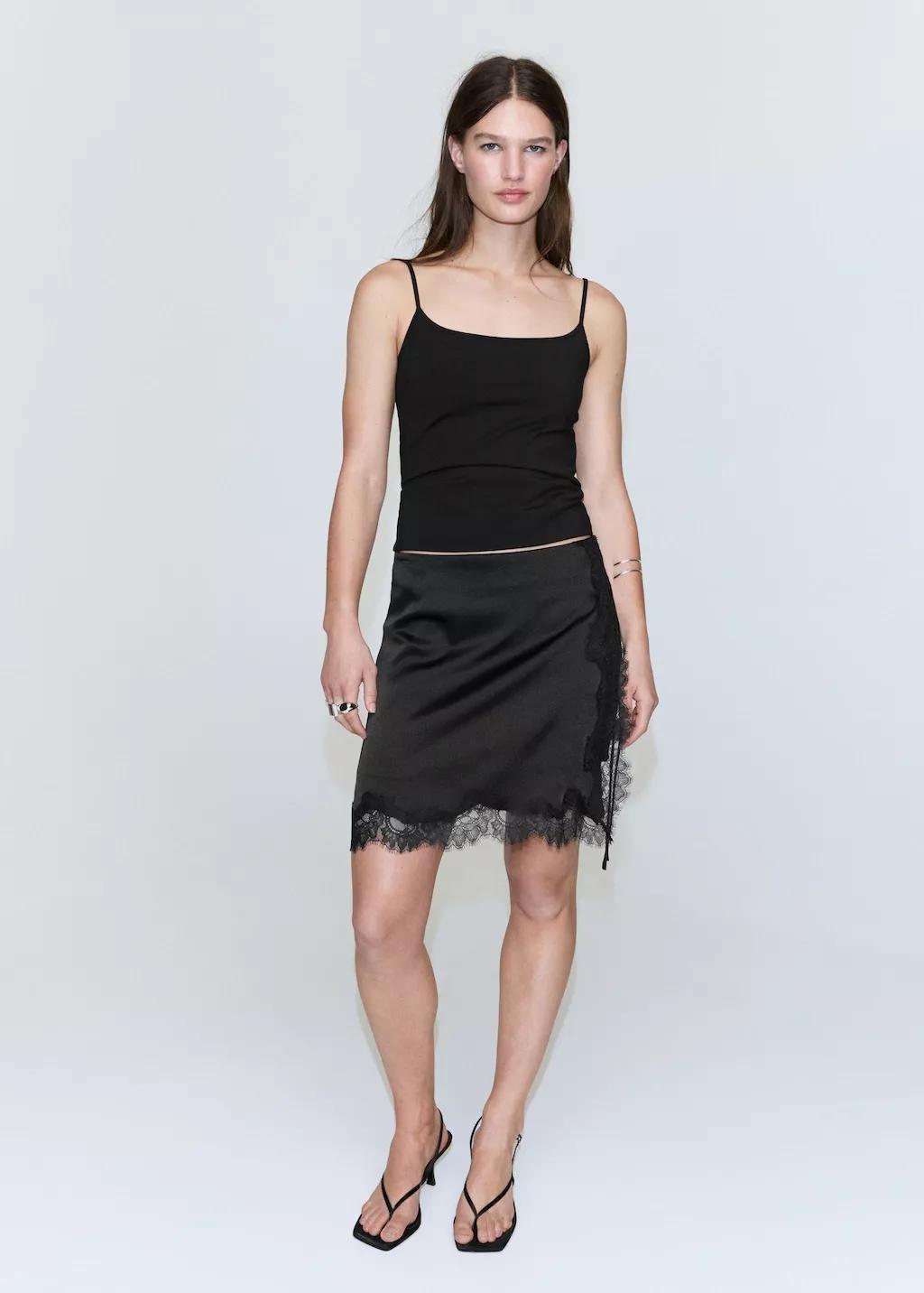 Black Lace Slip Skirt, Black, large image number 0