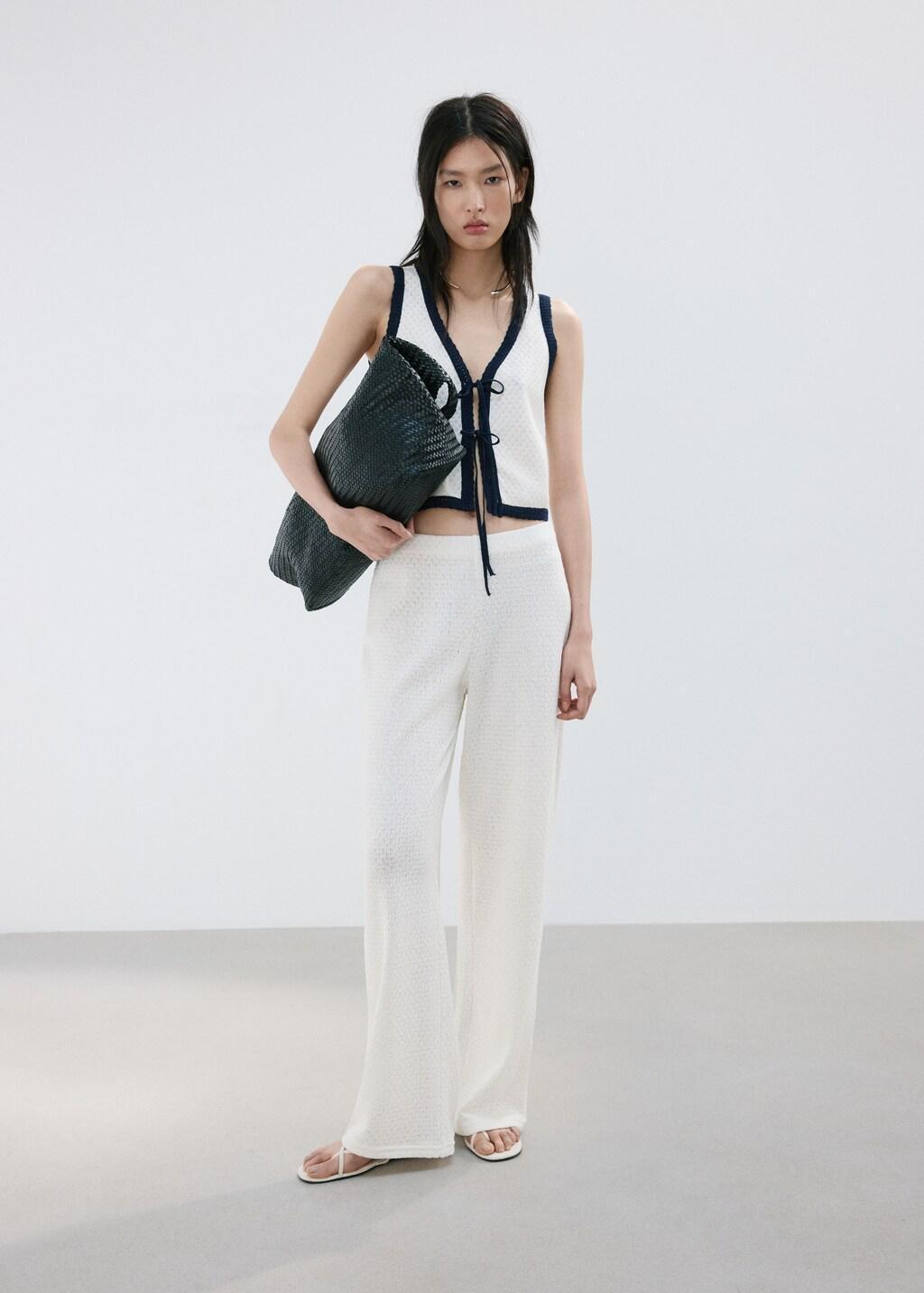 Beige Straight Knitted Trousers, 0201_05, large image number 0