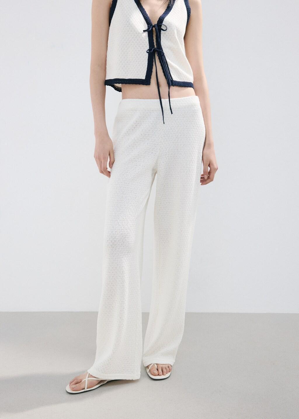 Beige Straight Knitted Trousers, 0201_05, large image number 3