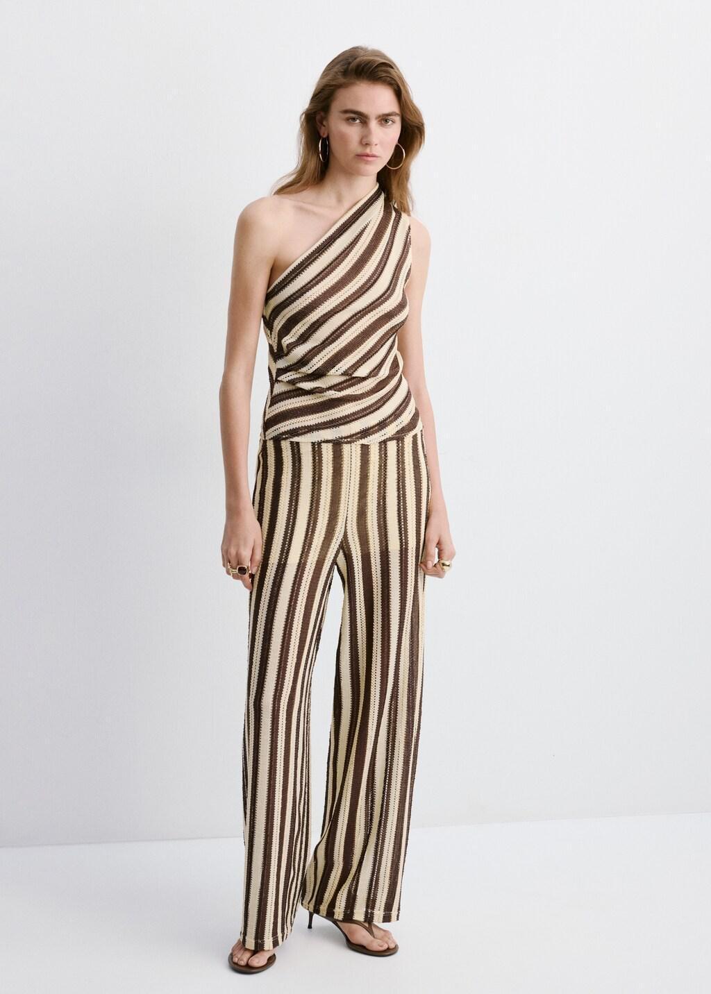 Brown Striped Openwork Knit Pants, 0201_30, large image number 0