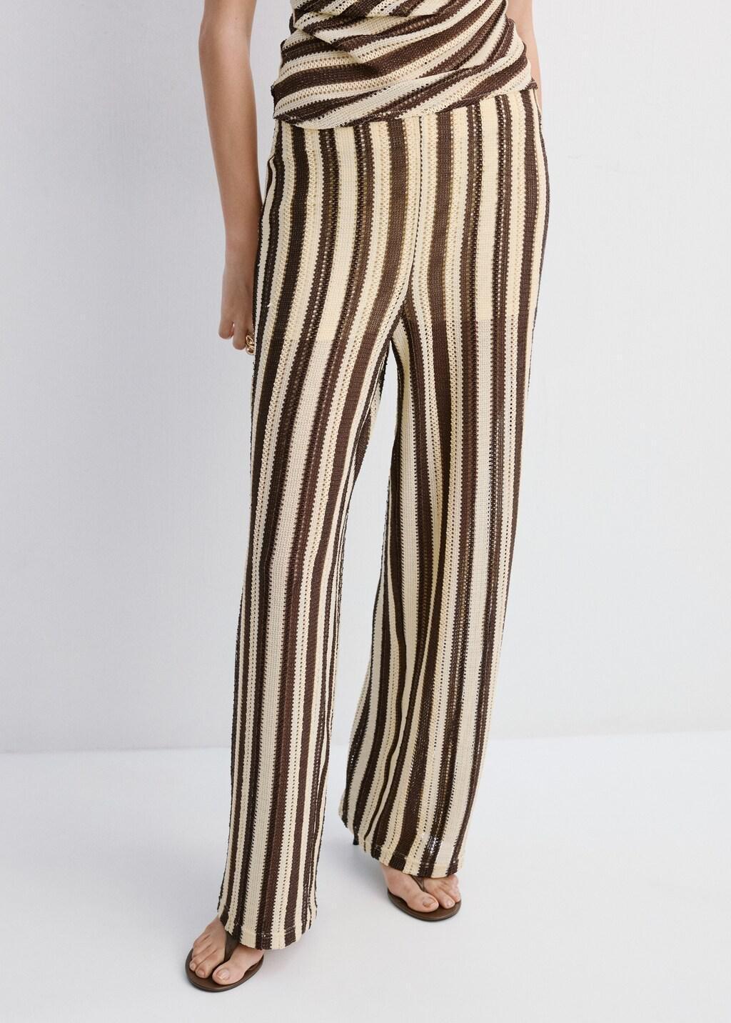 Brown Striped Openwork Knit Pants, 0201_30, large image number 3