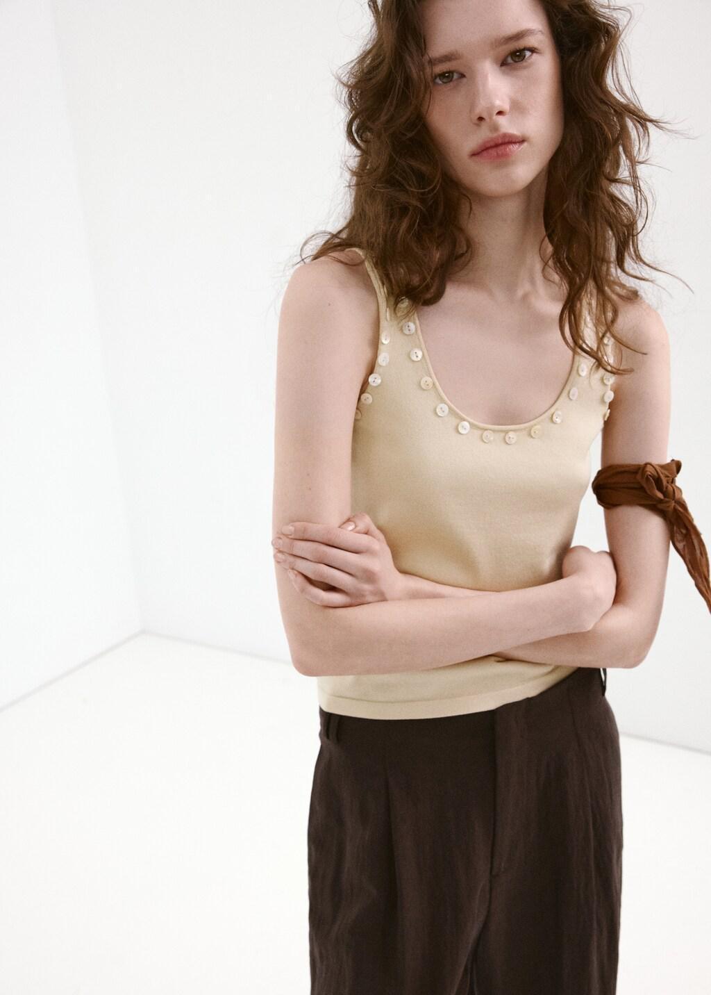Beige Sleeveless Top With Decorative Buttons, Light Beige, large image number 3