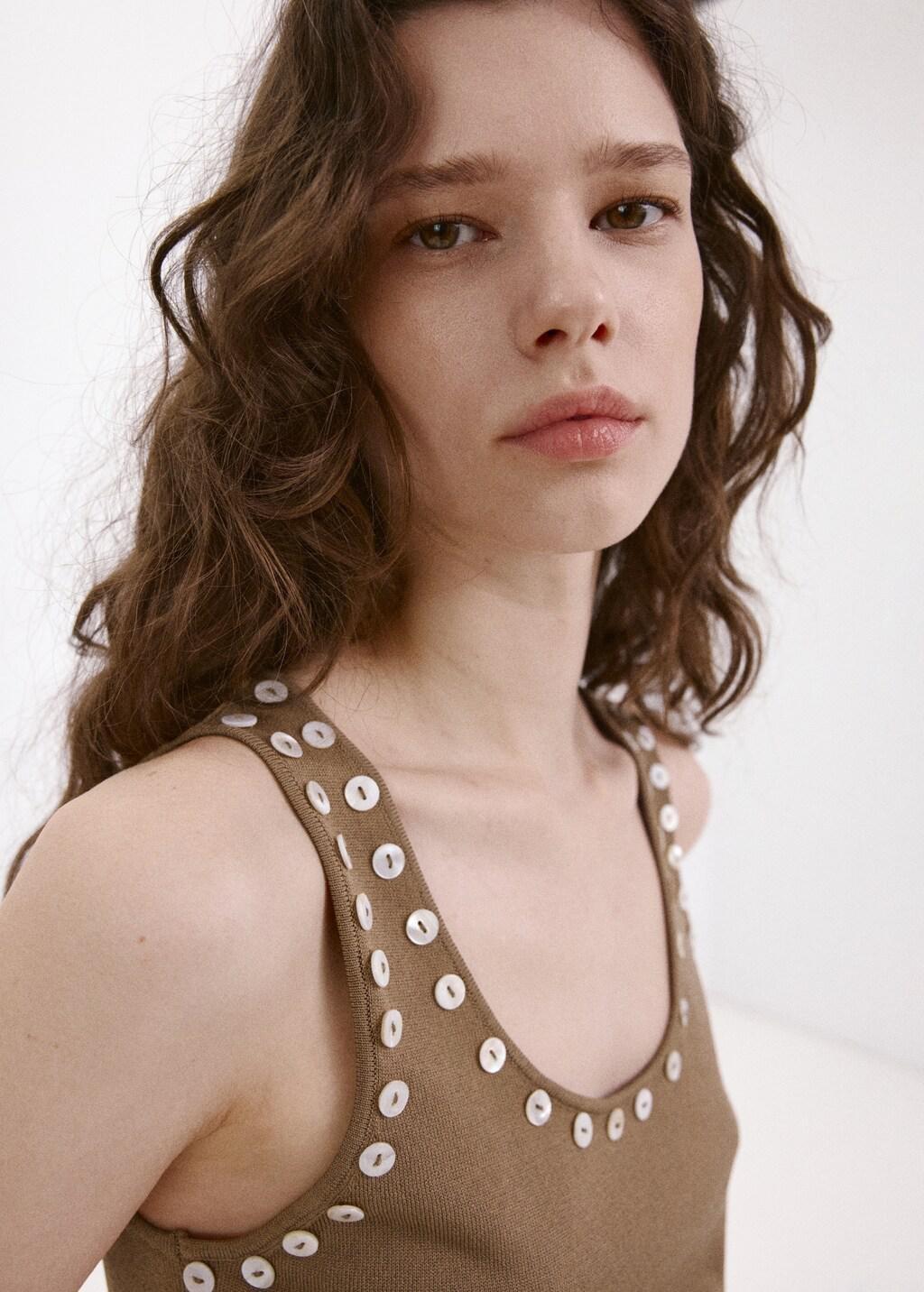 Brown Sleeveless Top With Decorative Buttons, Dark Brown, large image number 4