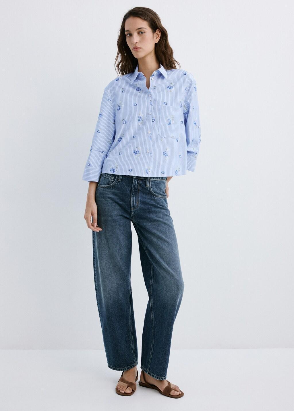 Blue Lt Pastel Flower Embroidered Striped Shirt, 0201_50, large image number 0