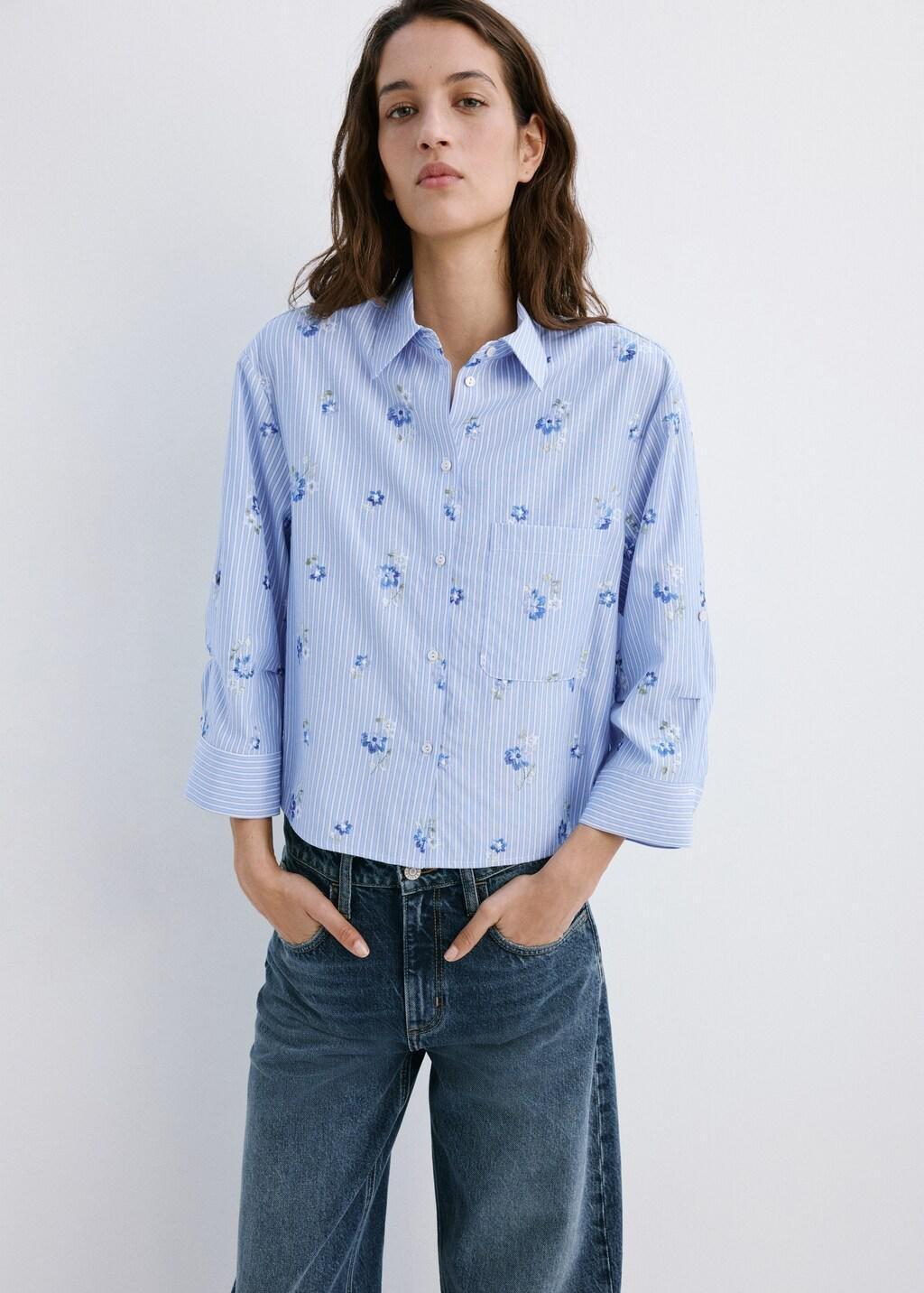Blue Lt Pastel Flower Embroidered Striped Shirt, 0201_50, large image number 3