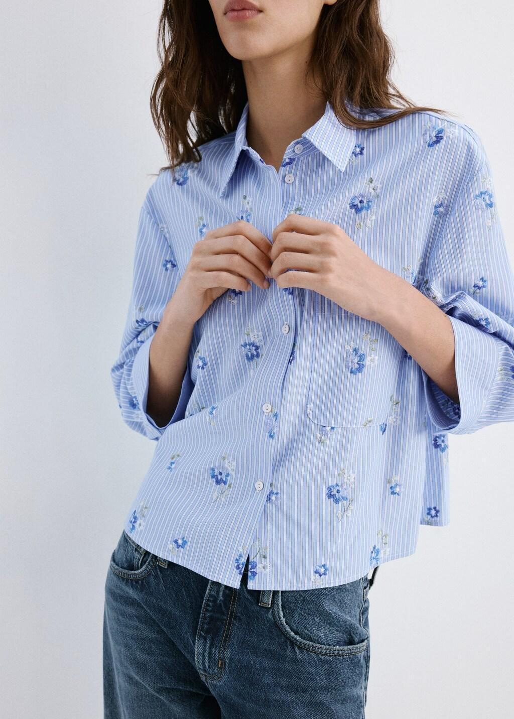 Blue Lt Pastel Flower Embroidered Striped Shirt, 0201_50, large image number 6