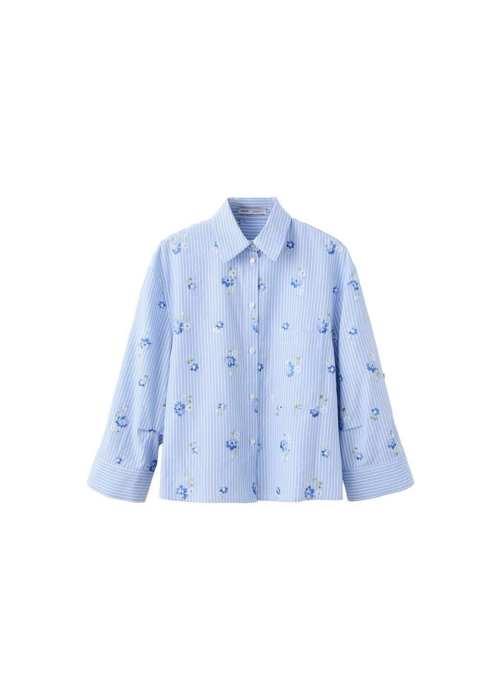 Blue Lt Pastel Flower Embroidered Striped Shirt, 0201_50, large image number 7