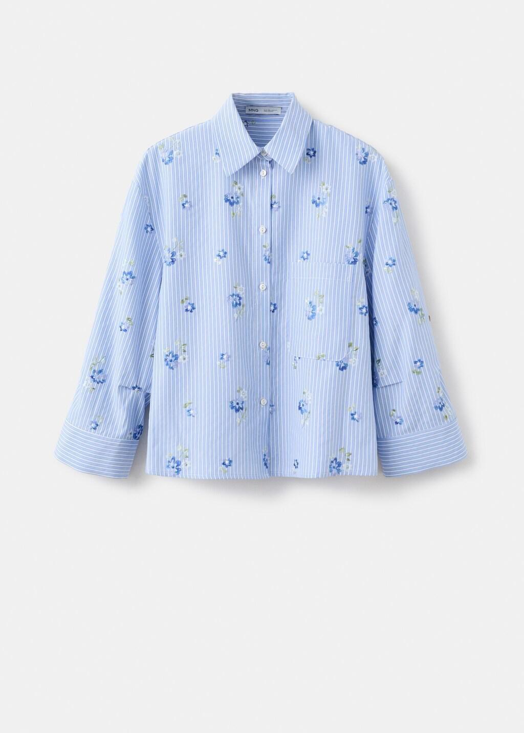 Blue Lt Pastel Flower Embroidered Striped Shirt, 0201_50, large image number 8
