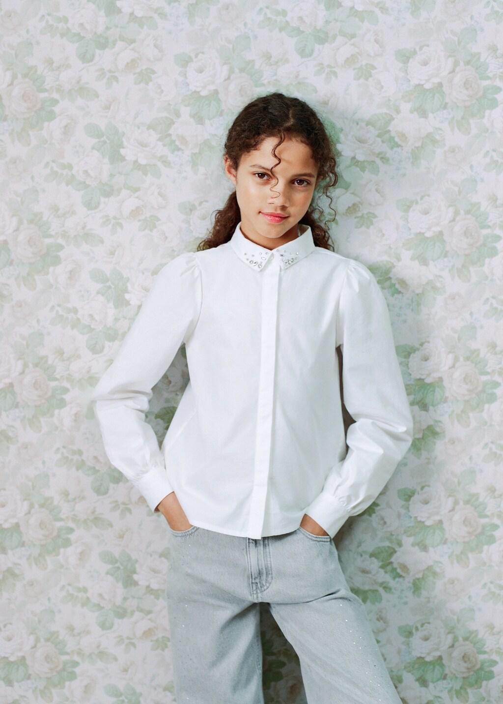 White Cotton Shirt With Embellishments, Kids Girls, White, large image number 0