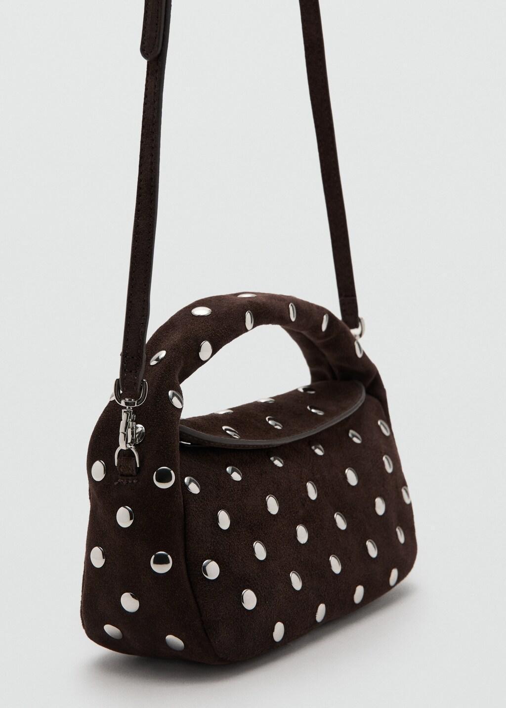Brown Suede Leather Studded Bag, Dark Brown, large image number 1