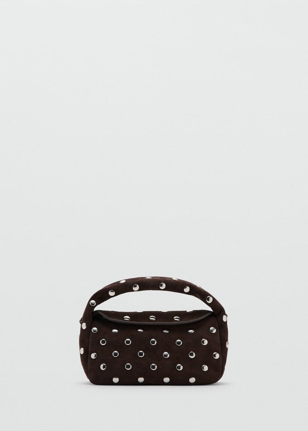 Brown Suede Leather Studded Bag, Dark Brown, large image number 3
